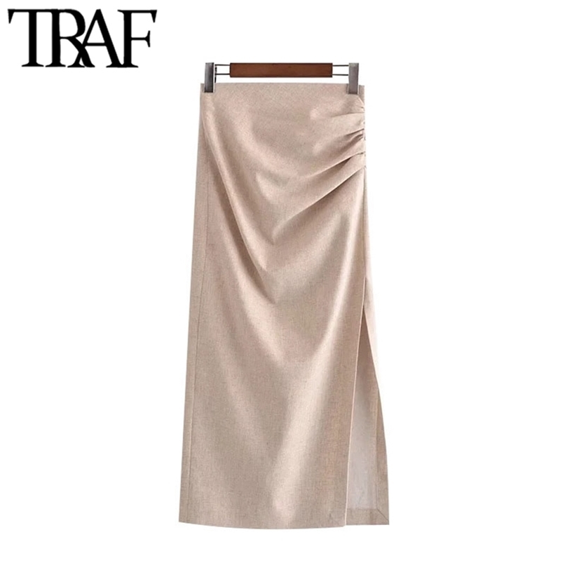 TRAF Women Chic Fashion With Draped Front Slit Linen Midi Skirt Vintage High Waist Back Zipper Female Skirts Mujer 210619