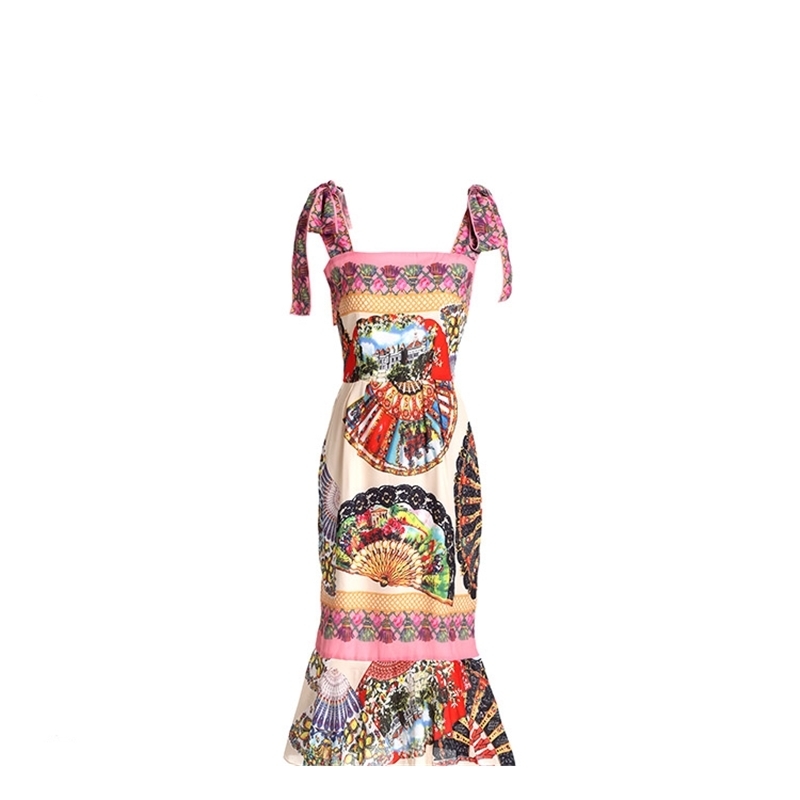 Fashion Runway Summer Dress Women's Spaghetti Strap Vintage Floral Print Sexy Mermaid Sheath Party 210522