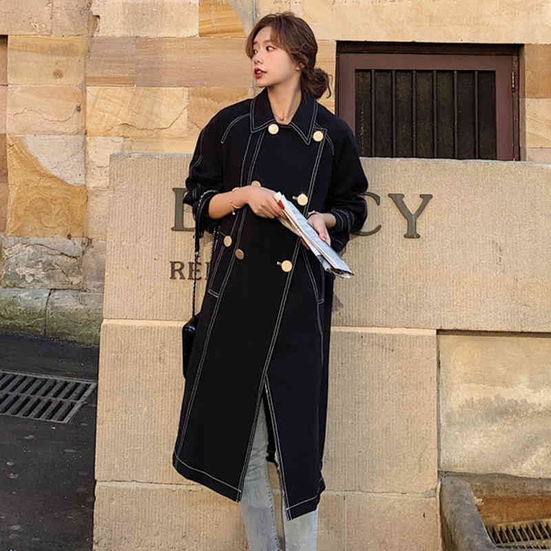 Black Denim Casual Trench Coat For Women Lapel Long Sleeve Double Breasted Korean Female Autumn Clothes 210524