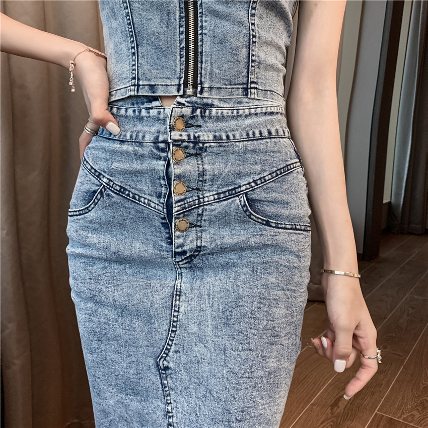 Summer Two-piece Set Women Sexy Denim Vest Top + Bodycon Split pencil Skirts Suits for Woman 210519