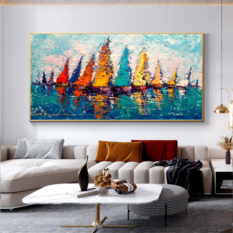 Modern Sailboat Colorful Oil Painting Printed on Canvas Big Size Nordic Wall Picture for Living Room Landscape Canvas Painting