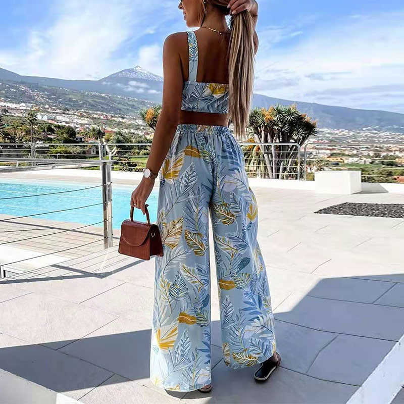 Print Boho Pant Suits Summer Women 2 Piece Sets Spaghetti Strap Crop Tops Split Wide Leg Pants 2021 Sexy Beach Vacation Outfits Y0625