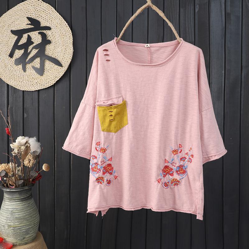 Summer Fashion Women Tshirt Plus Size Loose Batwing Sleeve Floral Embroidery Casual Tee Shirt Femme 100% Cotton Tops ZY02 210512