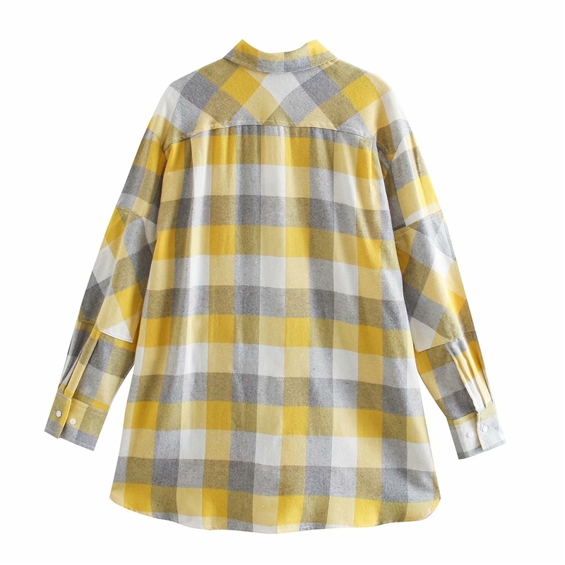 Streetwear Women Yellow Plaid Shirts Fashion Ladies Cotton Loose Tops Causal Female Chic Pocket Button Blouses 210430