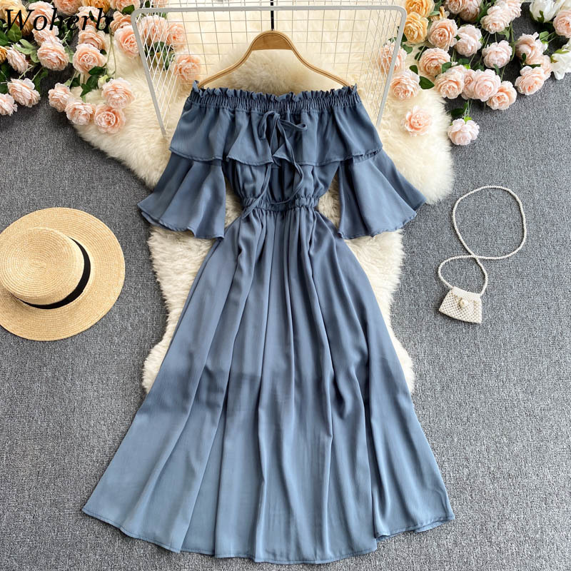 Women Dress Summer Robe Beach Style Slash Neck Off Shoulder Flared Sleeves Slim Vestidos Korean Ruffles Dresses 210519