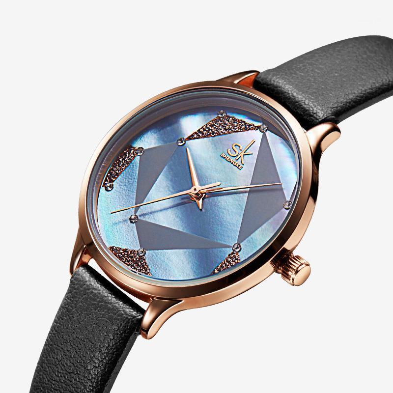 Wristwatches Shengke Fashion Watch Women Casual Leather Quartz Relogio Feminino Round Wrist Blue Band, Bronze