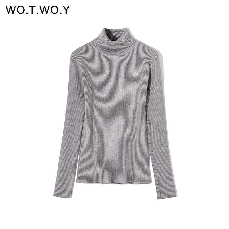 WOTWOY Ribbed Knitted Turtleneck Sweater Women Autumn Winter Slim Fit Basic Pullover Female Long Sleeve Black White Jumper 210918