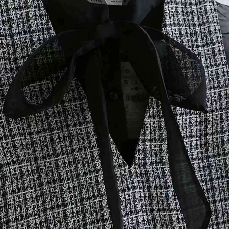 Vintage Women Bow Tie Collar Patchwork Mini Dress Elegant Ladies See Through Sleeve Loose Female Tank 210508