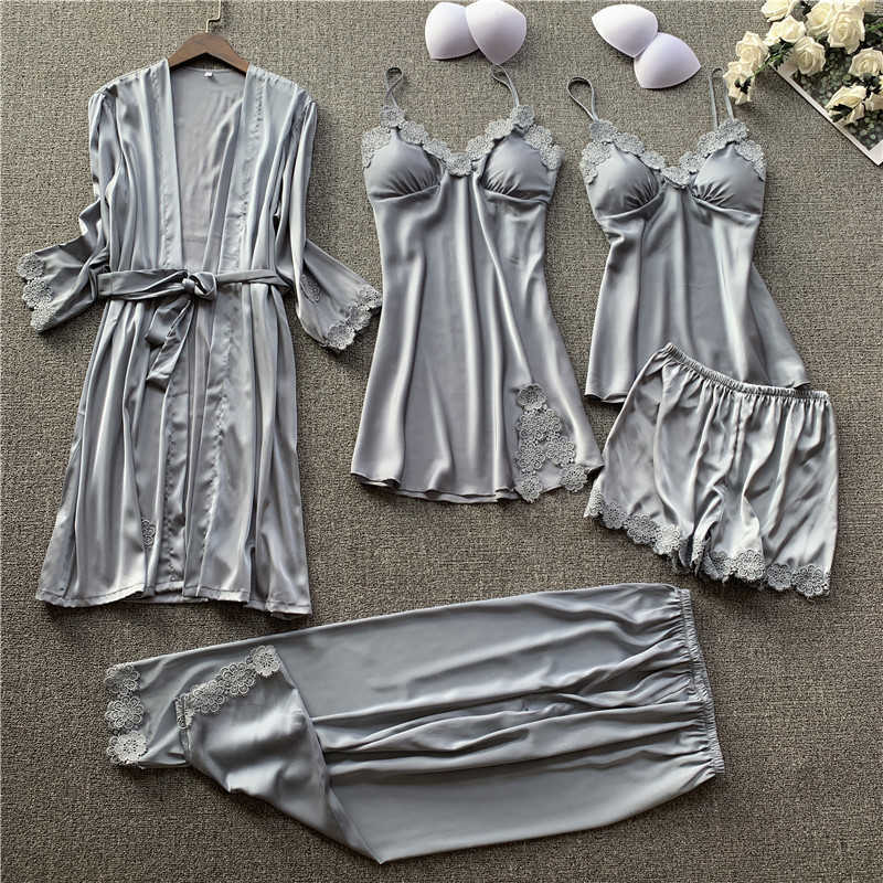 Women Pajamas 5 Pieces Satin Sleepwear Pijama Silk Home Wear Home Clothing Embroidery Sleep Lounge Pyjama with Chest Pads 200919