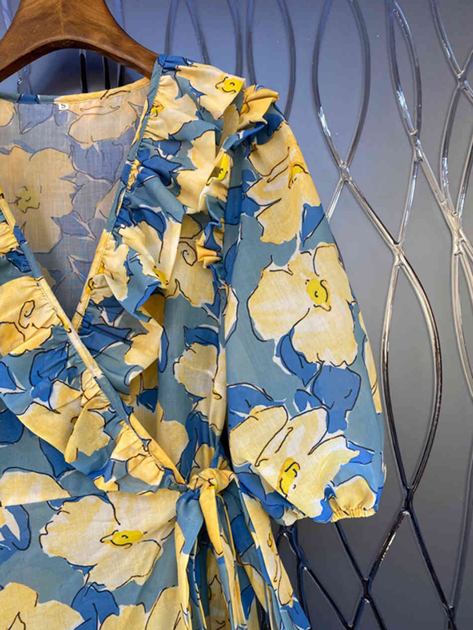 Free Women Summer Print Dress Elegant Ruffled V-neck Lantern Sleeve High Waist Lace-up Resort Style Long 210524