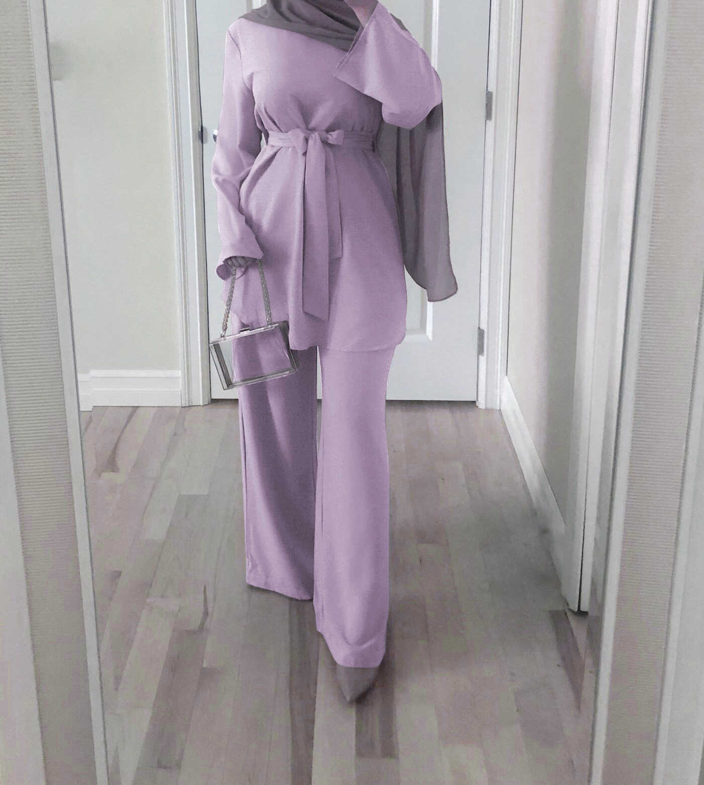 Two Piece Set Blouse and Wide Leg Pants Women Dubai Muslim Abaya Lace-up Solid Kaftan Ladies Islam Turkish Islamic Clothing Sets Y0625