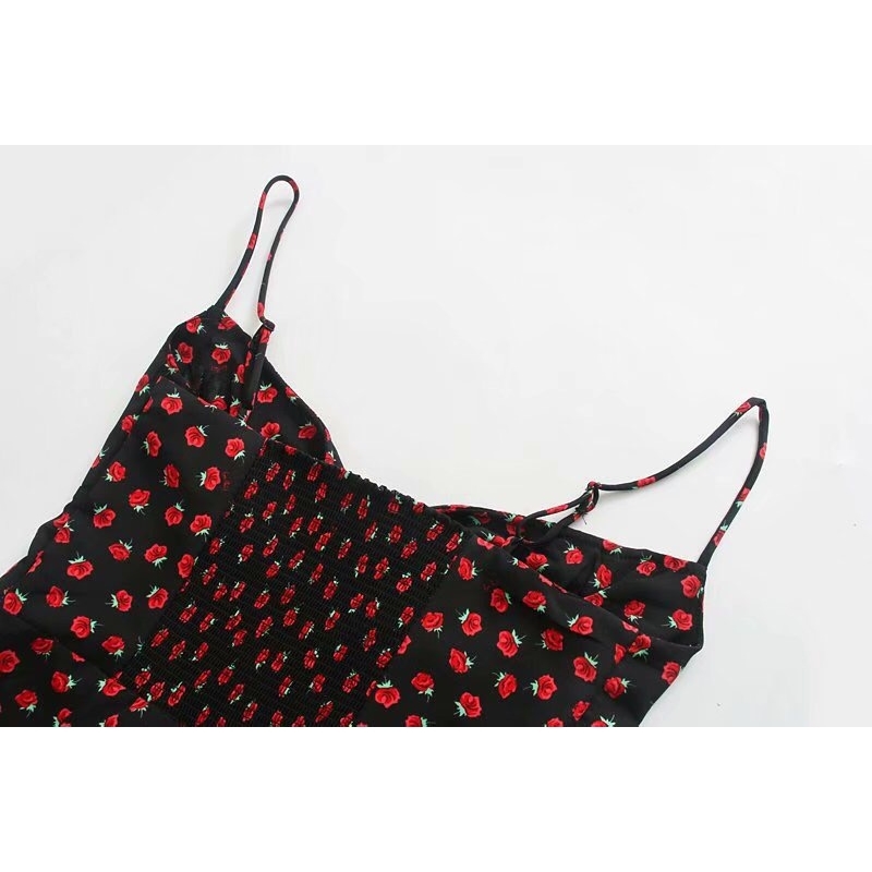 Vintage France Summer Rose Flower Print Spaghetti Strap Short Dress Retro Sexy Women Back Elastic Ruched Sling Dresses Holiday 210429
