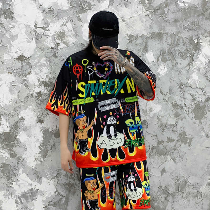 Aolamegs Men T Shirt Cartoon Graffiti Print Cozy Harajuku Hip Hop Style Short Sleeve Lovers High Street Casual Summer Streetwear 210623