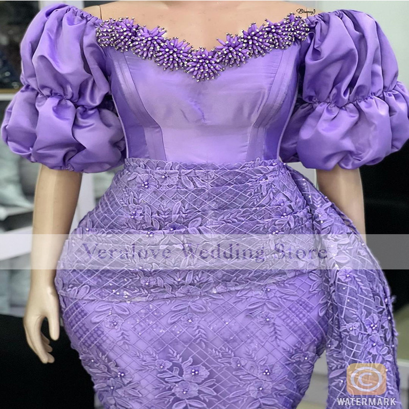Aso Ebi Evening Dress Mermaid Off Shoulder 2022 Short Sleeves Lavender Lace Appliques Prom Dresses for Women Party