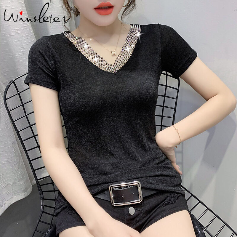 Women's T-Shirt Summer Korean Clothes T-shirt Fashion Shiny Sexy V-Neck Diamonds Women Tops Ropa Mujer Slim Bottoming Shirt Tees T, Black tshirt
Women's T-Shirt Summer Korean Clothes T-shirt Fashion Shiny Sexy V-Neck Diamonds Women Tops Ropa Mujer Slim Bottoming Shirt Tees T, Black tshirt
