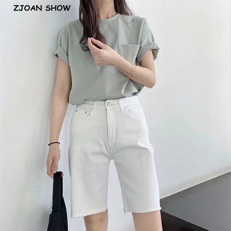 Summer Hurr Hem Tassel Straight Knee length Jeans High Waist Short Pants Casual Women Loose Denim Trousers White 210429
