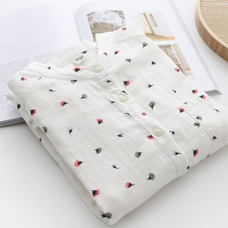 Spring Autumn Arts Style Women Long Sleeve Loose White Shirt 100% Cotton Flower Print Casual Blouse Femme Tops S92 210512
