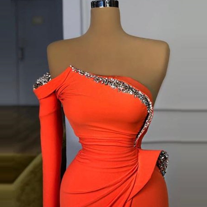 Dark Green Sequined Mermaid Prom Dresses One Shoulder Neck Side Split Evening Gowns Satin Sweep Train Formal Dress