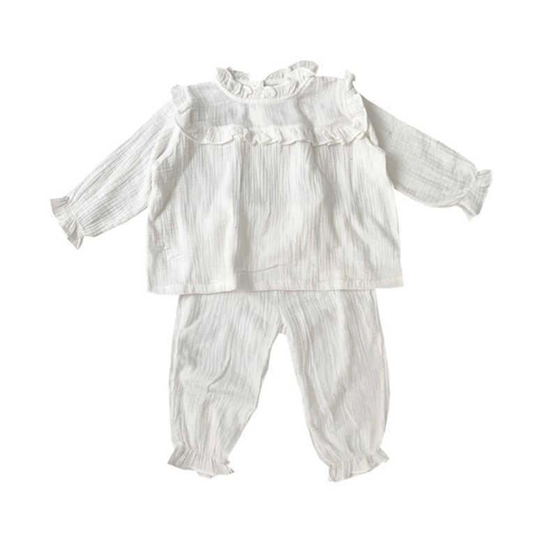 Korean style girls fashion solid color pajamas set children cotton linen ruffles long sleeve sleepwear clothes 2pcs suit 210615