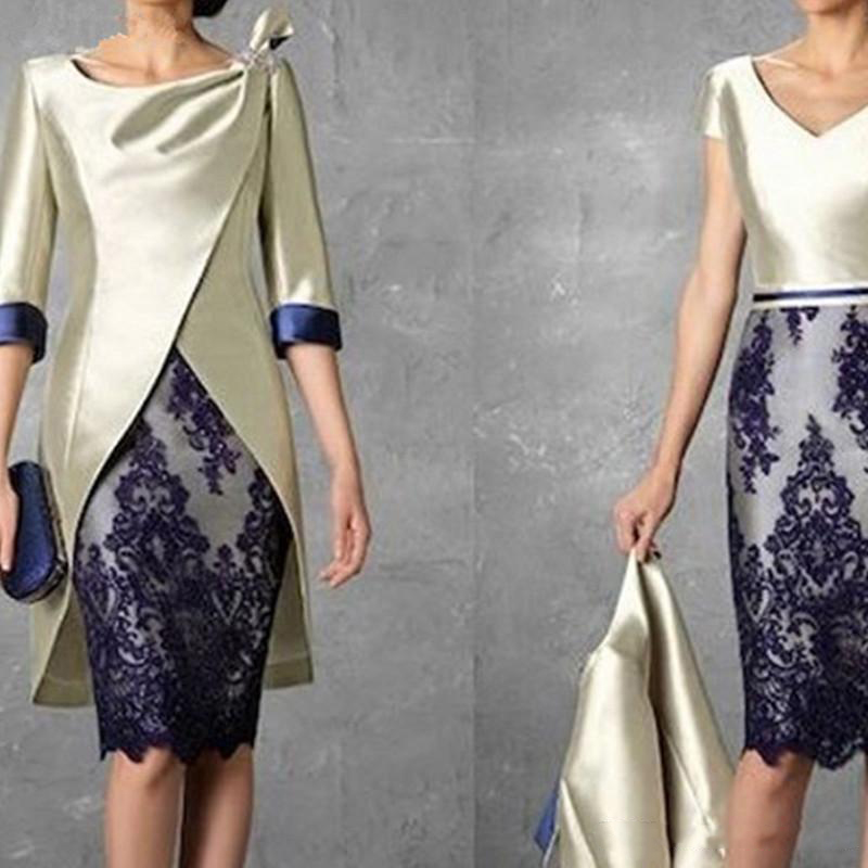 Waishidress Two Pieces Short Mother Of The Bride Dresses With Jacket 1/2 Sleeves Lace Appliques Sheath Evening Gowns