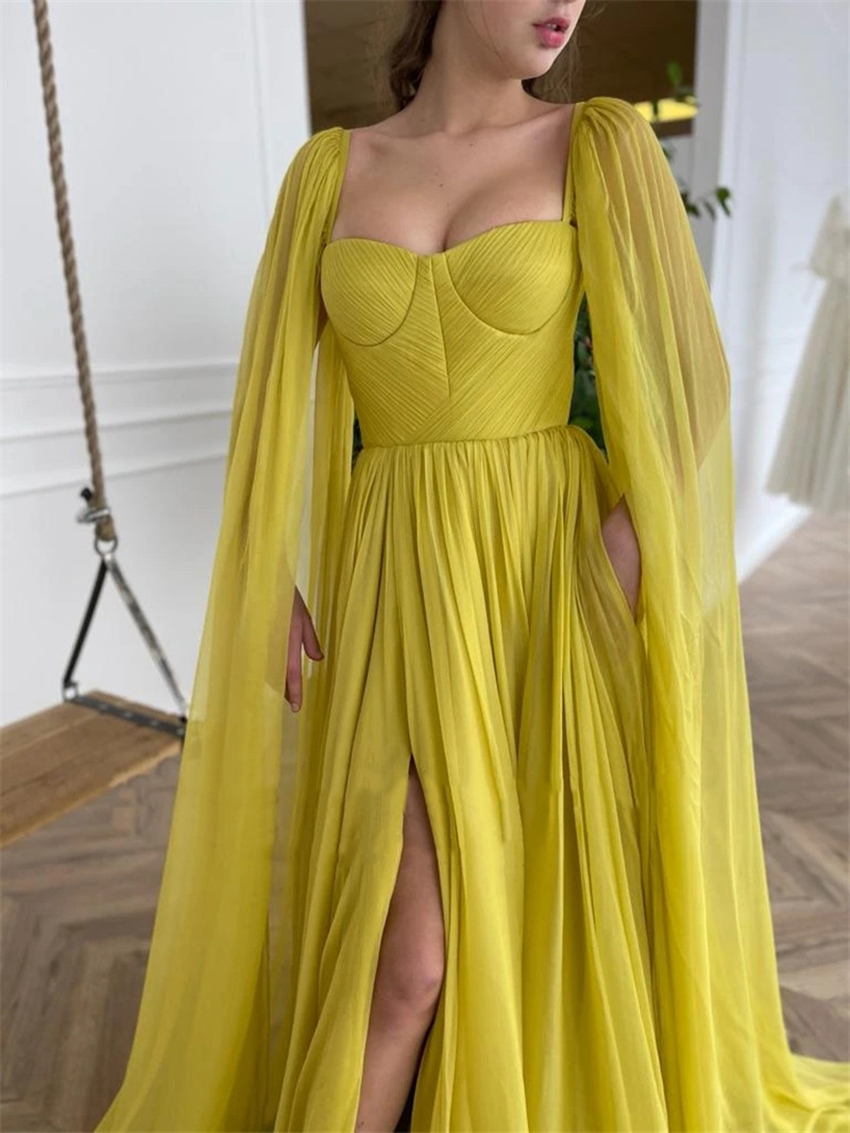 2021 Elegant Citrine Yellow Silk Chiffon Prom Dresses With Long Cape A Line Sweetheart Pleats Side Slit Evening Gowns