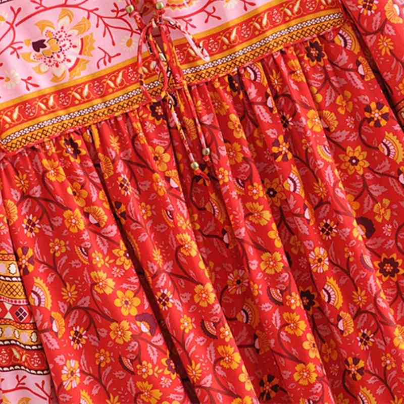 beauty Fashion Boho Floral Print Maxi Dress Women Holiday Chic Bow Tie O-neck Long Dresses Female Loose Beach Wear 210514