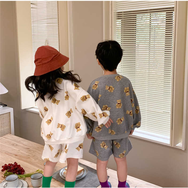 Korean style boys and girls cute cartoon clothes set fashion cotton long sleeve top pant unisex kids loose 2pcs suit 210615