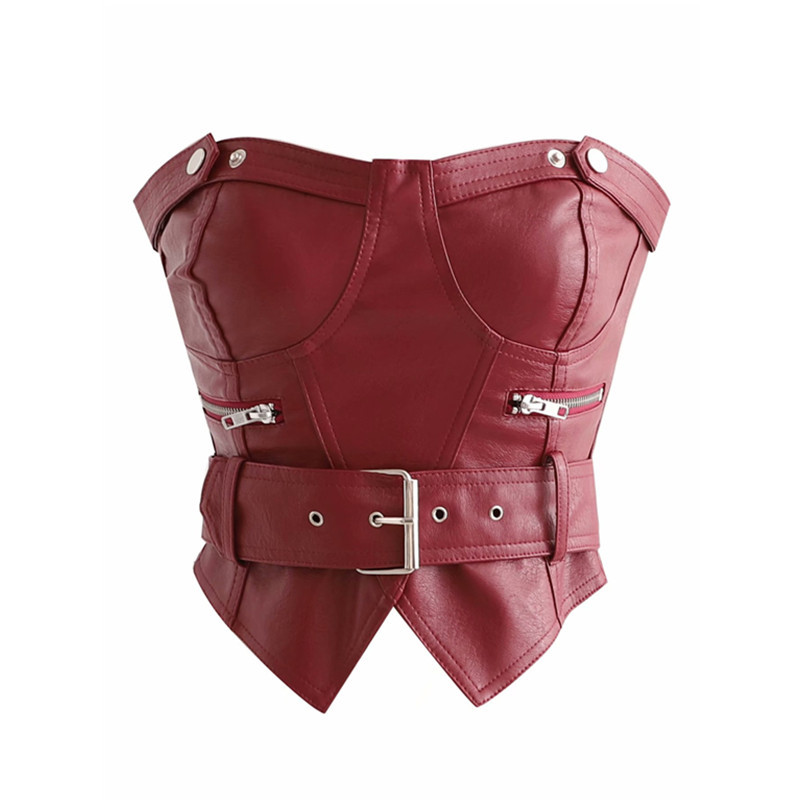 Vinatge Woman Burgundy PU Sashes Tube Short Tops Spring Autumn Fashion Ladies Irregular Sleeveless Tank Female Leather Vest 210515