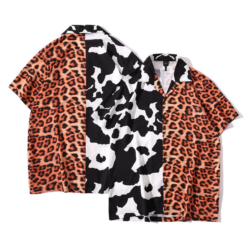 Fashion Leopard Patchwork Vintage Shirt Summer Men Hawaiian Short Sleeve Mens Casual Print Beach Oversized Shirts Man Men's