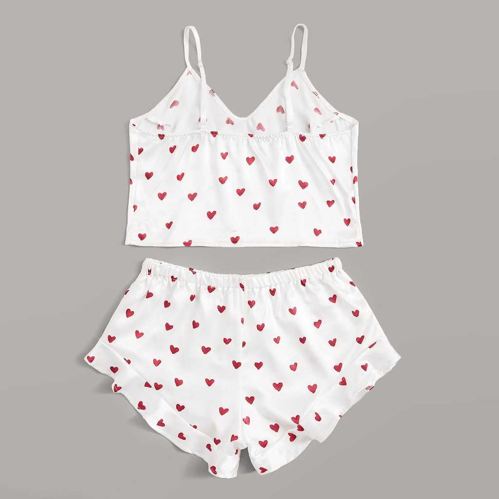 Women Pajama Heart Print Sleepwear Satin Camisole Pajamas Set Ruffled Shorts Lingerie Sleeveless Nightwear Sexy V Neck Home Suit Q0706, White
Women Pajama Heart Print Sleepwear Satin Camisole Pajamas Set Ruffled Shorts Lingerie Sleeveless Nightwear Sexy V Neck Home Suit Q0706, White