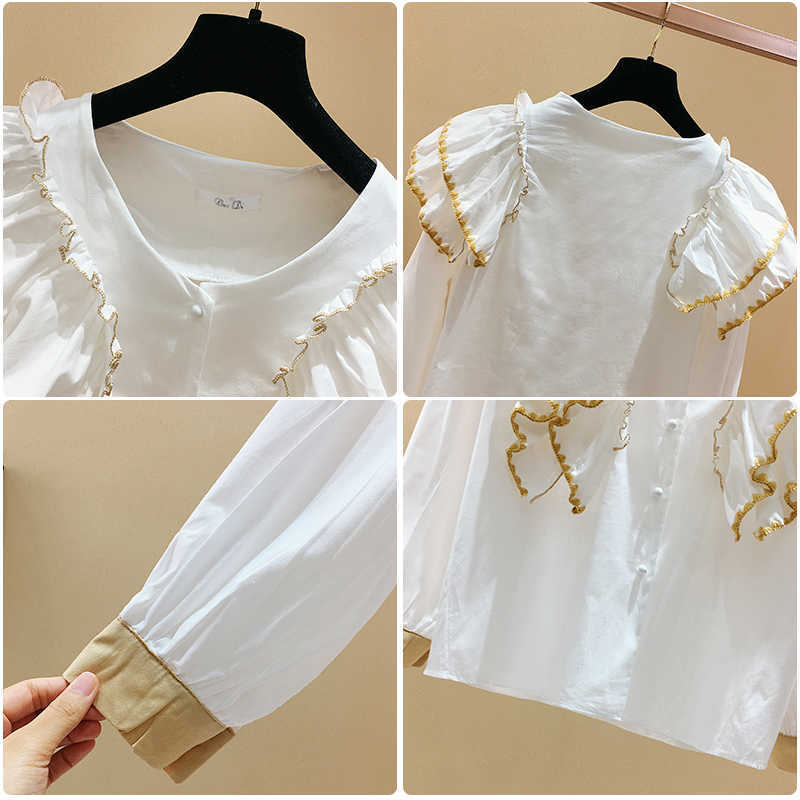 Vintage Contrast Ruffles Patchwork Solid O Neck Full Shirt Women's Spring Top Blouse 210615