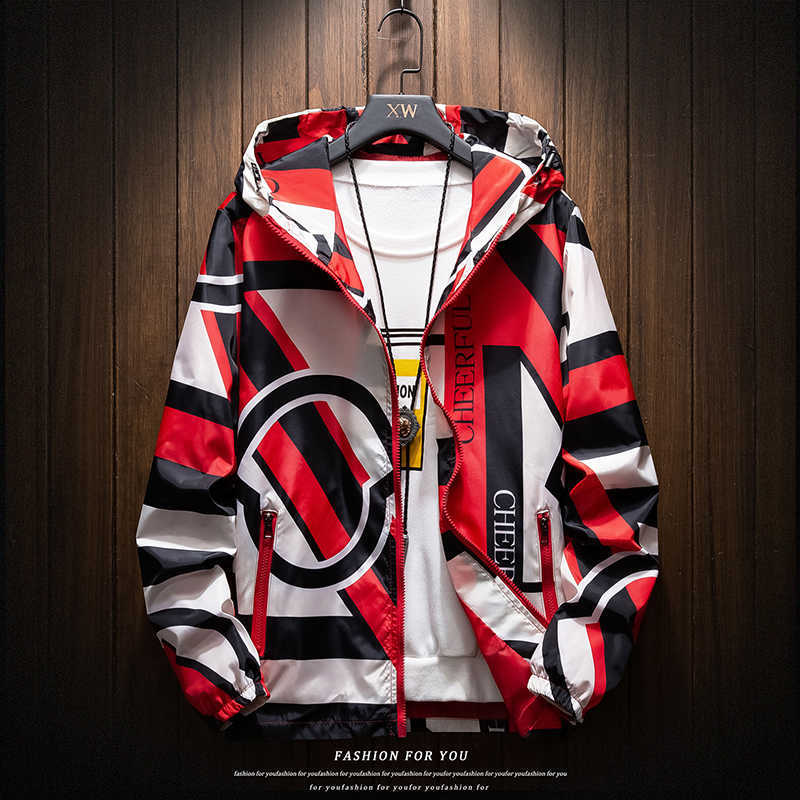5XL 6XL 7XL 8XL Men's windbreaker Fashion Large pattern Hooded Casual windbreaker,Spring /Autumn Thin section 210819