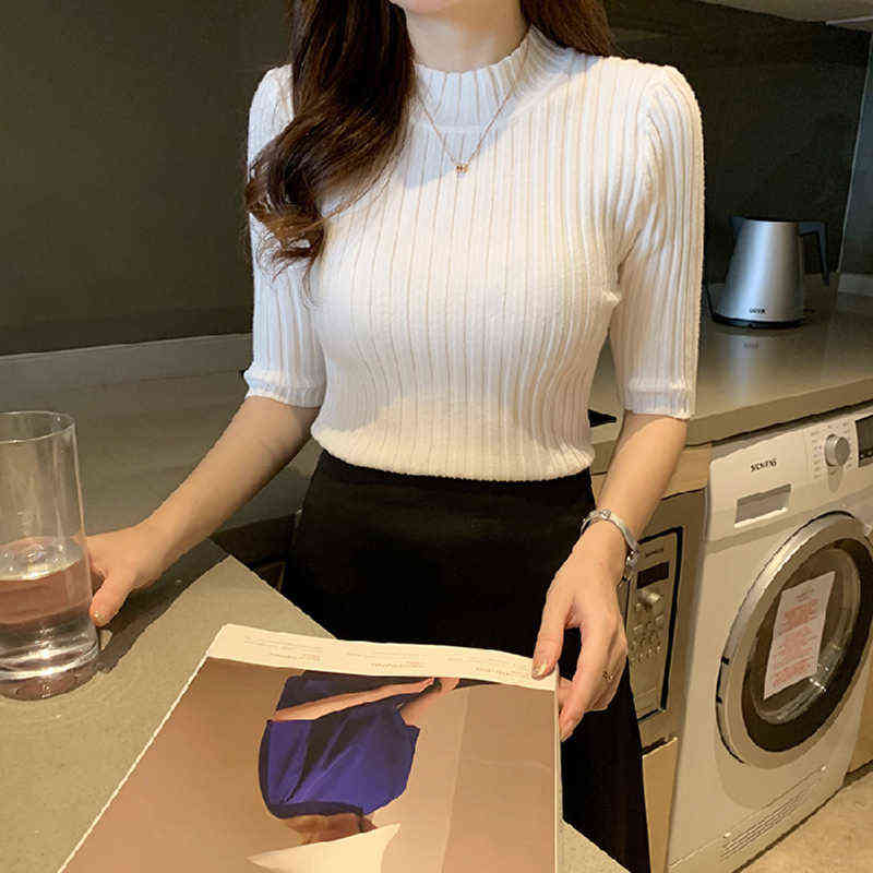 Pullover knitted half sleeve knitted sweater Women spring Slim Basic Solid Casual Base Female knitting shirts Korea 211109