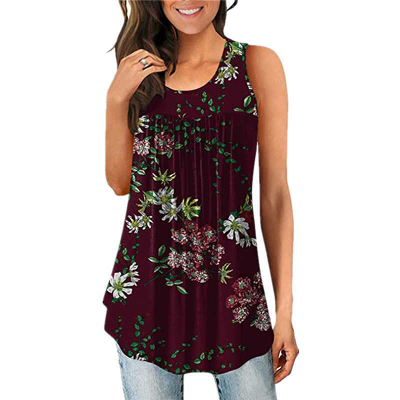 Bohemian Ethnic Print Ruched O-neck Sleeveless Vest Loose Summer Tank Tops for Women Casual Vintage Floral Plus Size 210604
