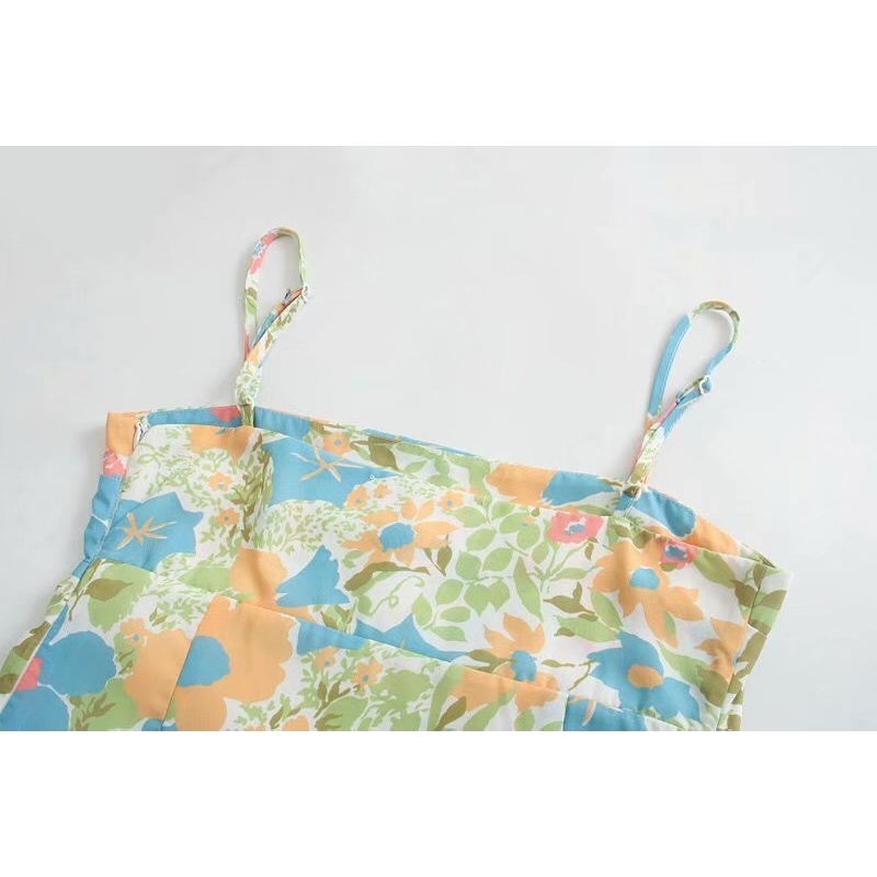 Vintage France Summer Floral Print Spaghetti Strap Short Dress Retro Sexy Women Sling Dresses Holiday 210429