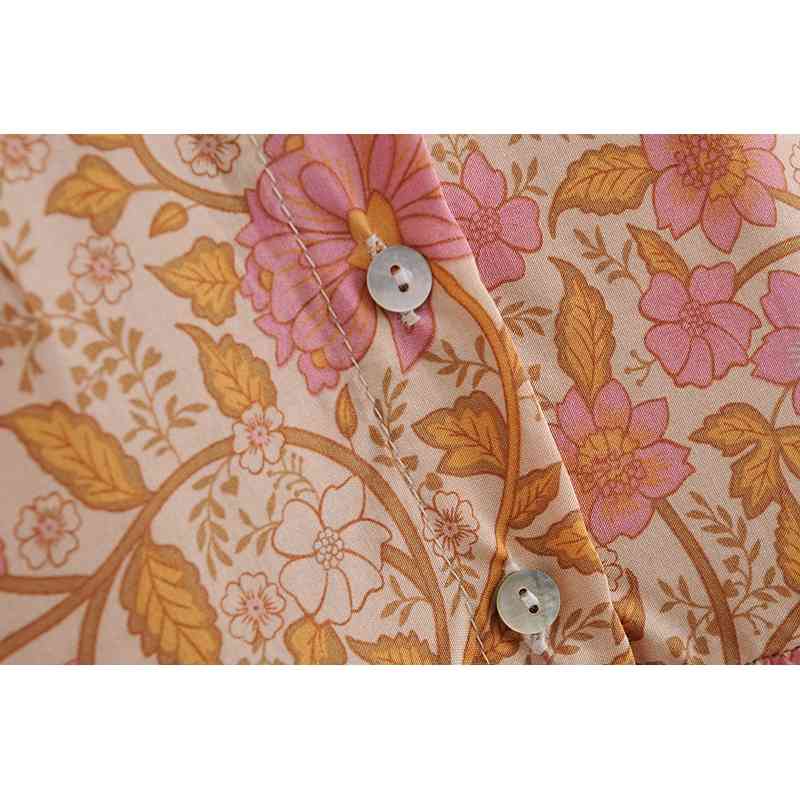 Spring Bohemia Open Buttons V neck Orange Flower Print Dress BOHO Woman Spliced Ruched Pleated Hem Holiday Dresses Beach 210429