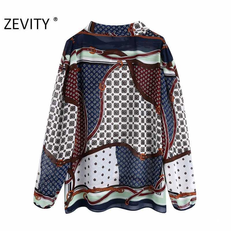 Zevity Women Vintage Geometric Patchwork Print Chain Blouse Retro Bow Tied Casual Chiffon Shirts Chic Femme Blusas Tops LS7294 210603