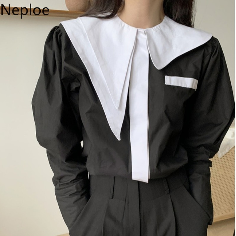 Neploe Women Blouses Irregula Peter Pan Collar Contrast Color Single Breasted Tops Korean Loose Long Sleeve Elegant Shirts 4h460 210422