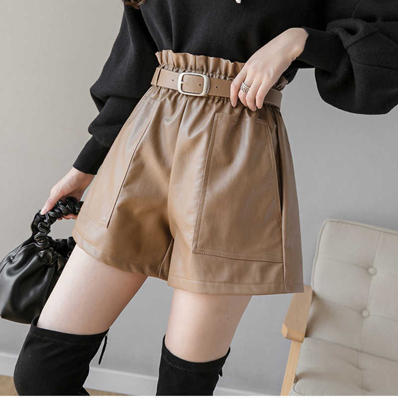 Autumn Winter Women's Leather Shorts High Waist Elastic A-line Black Brown Elegant Pu Bottoms Wide-legged Female Pants 210714