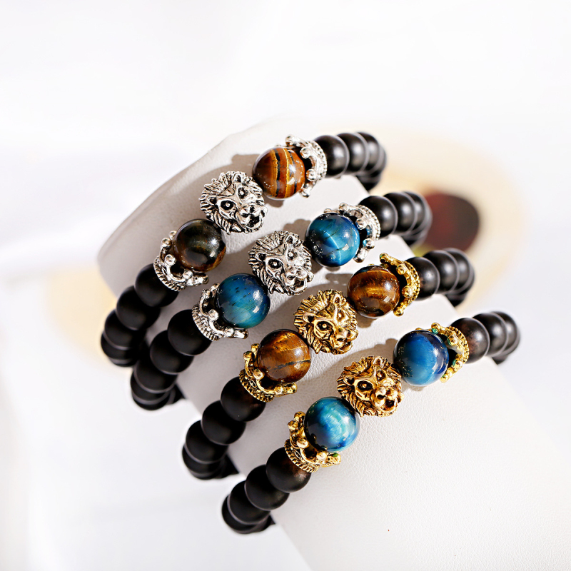 Blue Tiger Eye Beads Strands Bracelets Antique Gold Silver Plated Lion Head Charm Bracelet Jewelry
