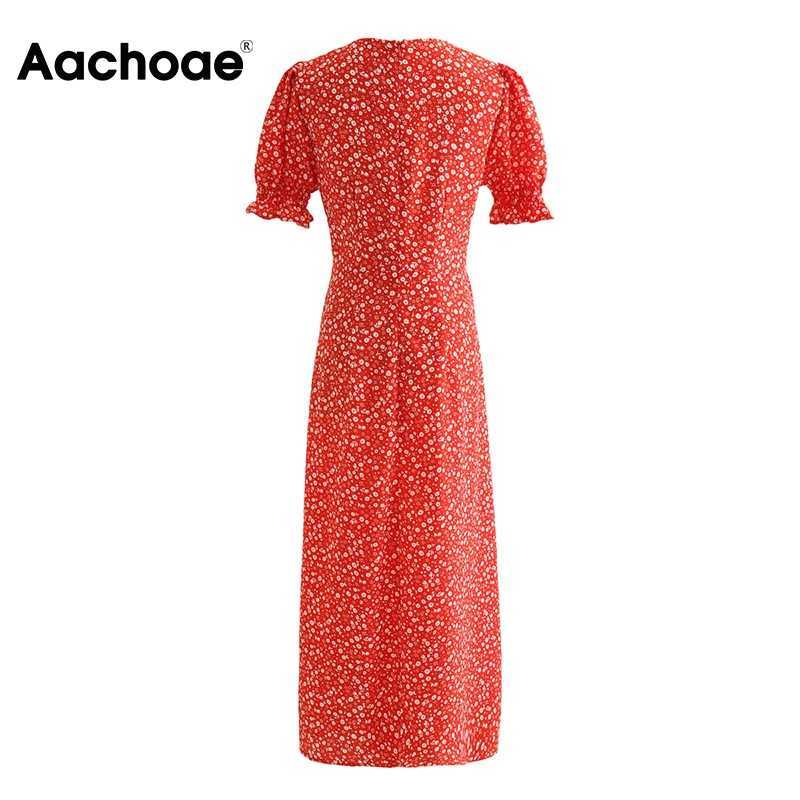 Aachoae Elegant Floral Print Dress Front Split Party Midi Dress Butterfly Short Sleeve Vintage Red Dress A Line Sundress Vestido 210630