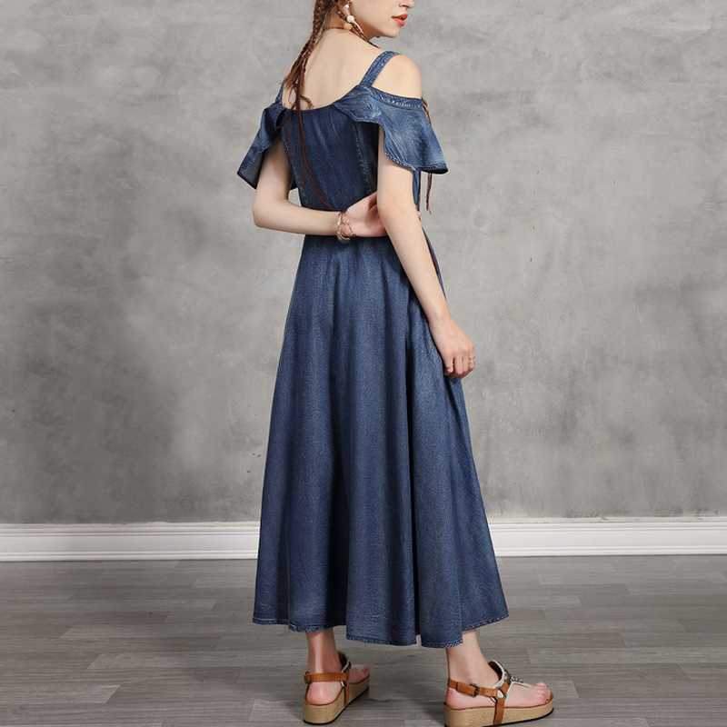 Silm Waist Camisole Denim Dresses for Women Vintage Shoulder Strapless Elegant Office Lady Vestidos Summer 210525