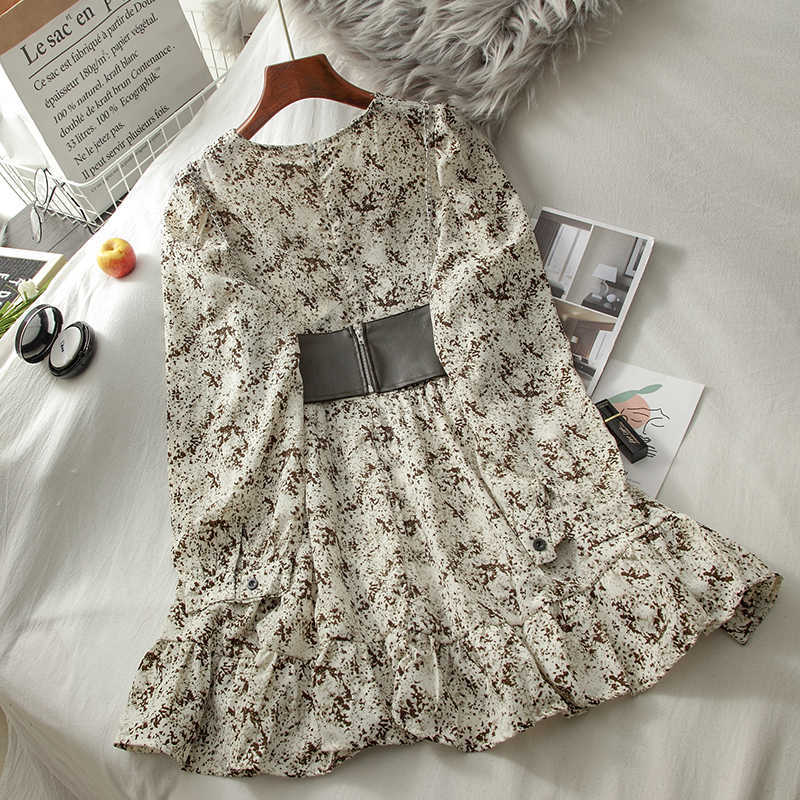 Gagaok Sweet Two Piece Set Women Spring Autumn Korean Chic Wild Fashion Ladies Outfits Floral Dresses + PU Vests 210708
