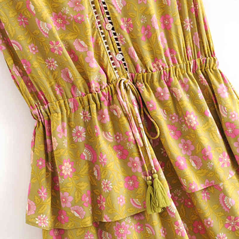 beauty Holiday Chic Floral Print Midi Dress Women Boho Style Fashion Cascading Ruffle Hollow Out Dresses Female 210514