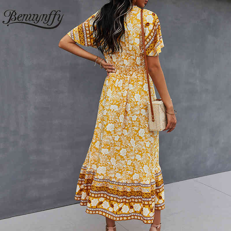Surplice Neck Bohemian Print Short Sleeve Dresses Women Summer Vacation Boho Casual Tassel Tie Waist Swing Long Dress 210510