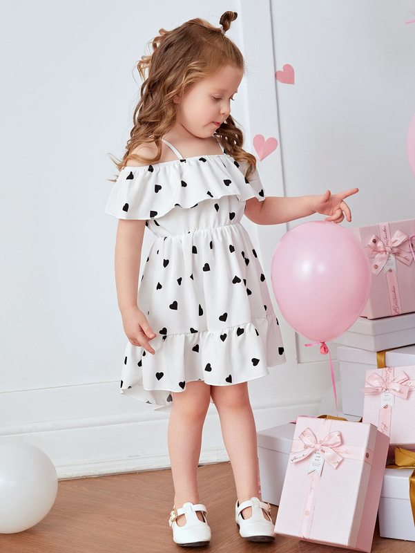 Toddler Girls Heart Print Cold Shoulder High Low Ruffle Hem Dress SHE