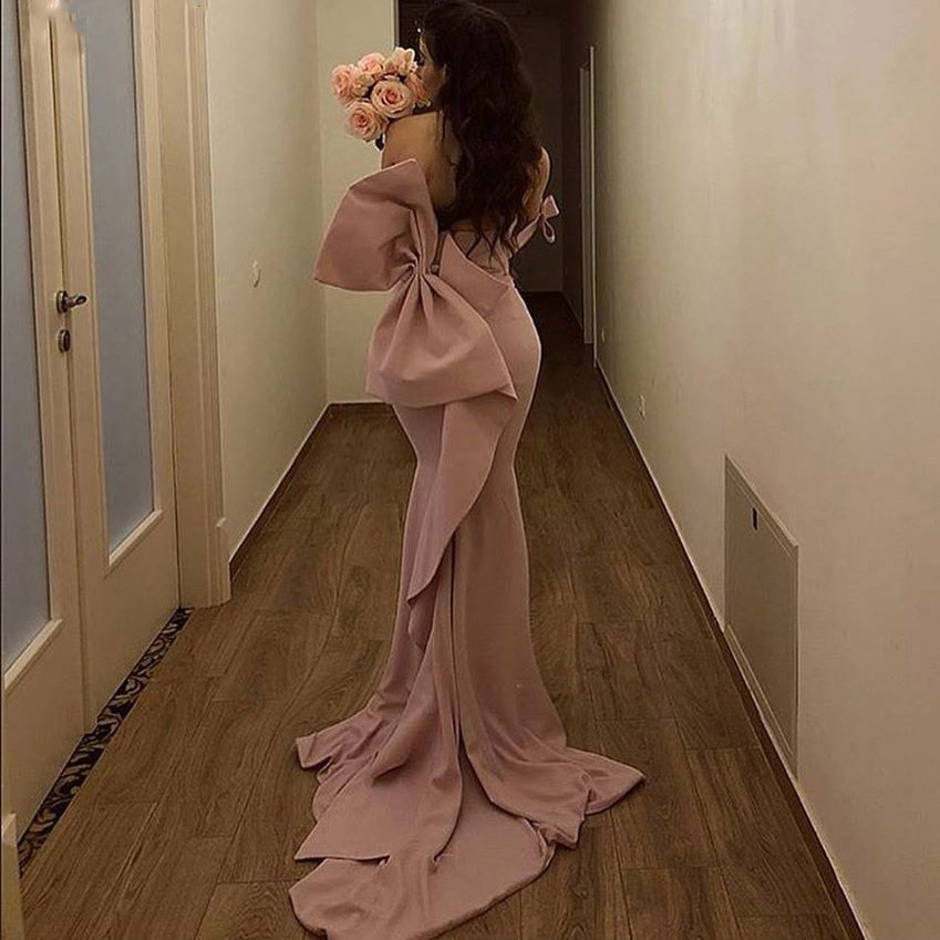 Rose Pink Long Mermaid Bridesmaid Dresses With Big Bow Off Shoulder Vestido longo Maid of Honor Wedding Guest Party Dress