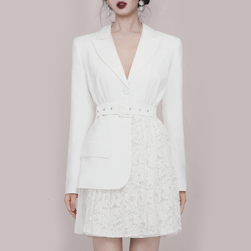 Autumn Notched White Cloth Lace Patchwork Long Sleeved Single Breasted Office Lady Dress Casual OL Vestidos 210515