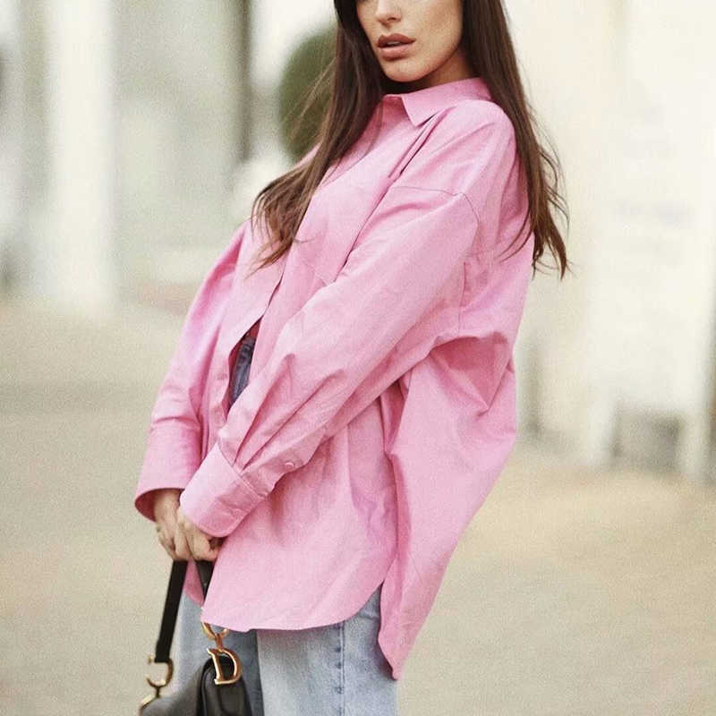 Vintage Women Oversize Pink Shirts Summer Fashion Ladies Long Sleeve Shirt Loose Girls Soft Cotton Chic Tops Stylish 210527