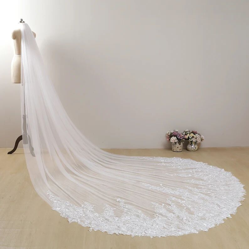 Unique Wedding Veils Custom Made Lace Gorgeous Long Bridal Veil 2022 One Layer 3 Metre Length